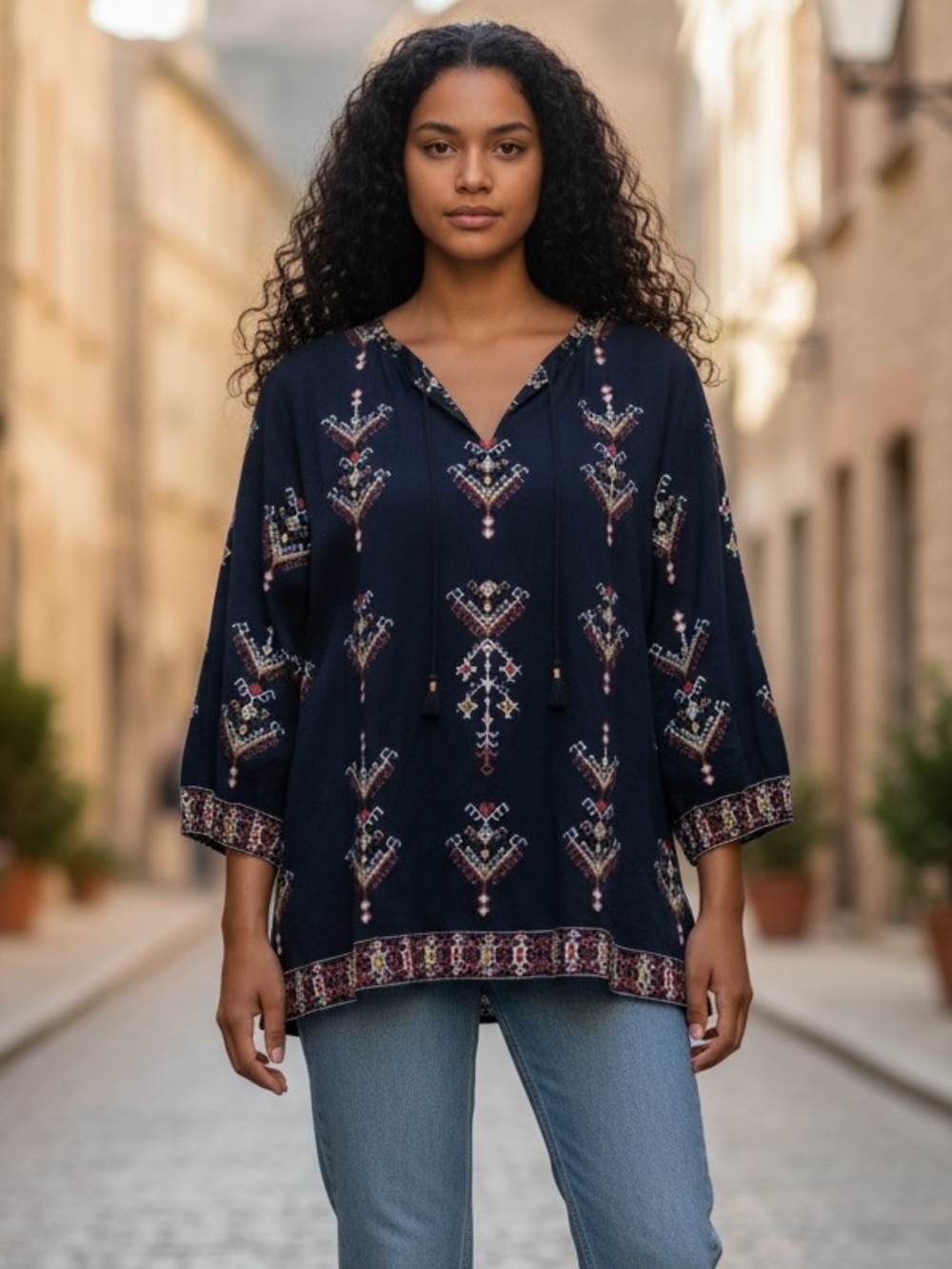 Madewell Marta Folkstitch Popover Peasant Boho 3/4 Sleeve Blouse Top size XS